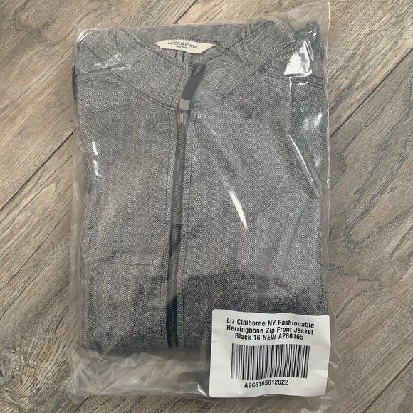 NWT LIZ CLAIBORNE NY HERRINGBONE BLACK ZIP‎ JACKET 8 & 16 - Picture 14 of 15